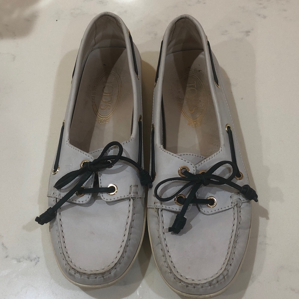 Tod's White Leather Loafers with Black Laces